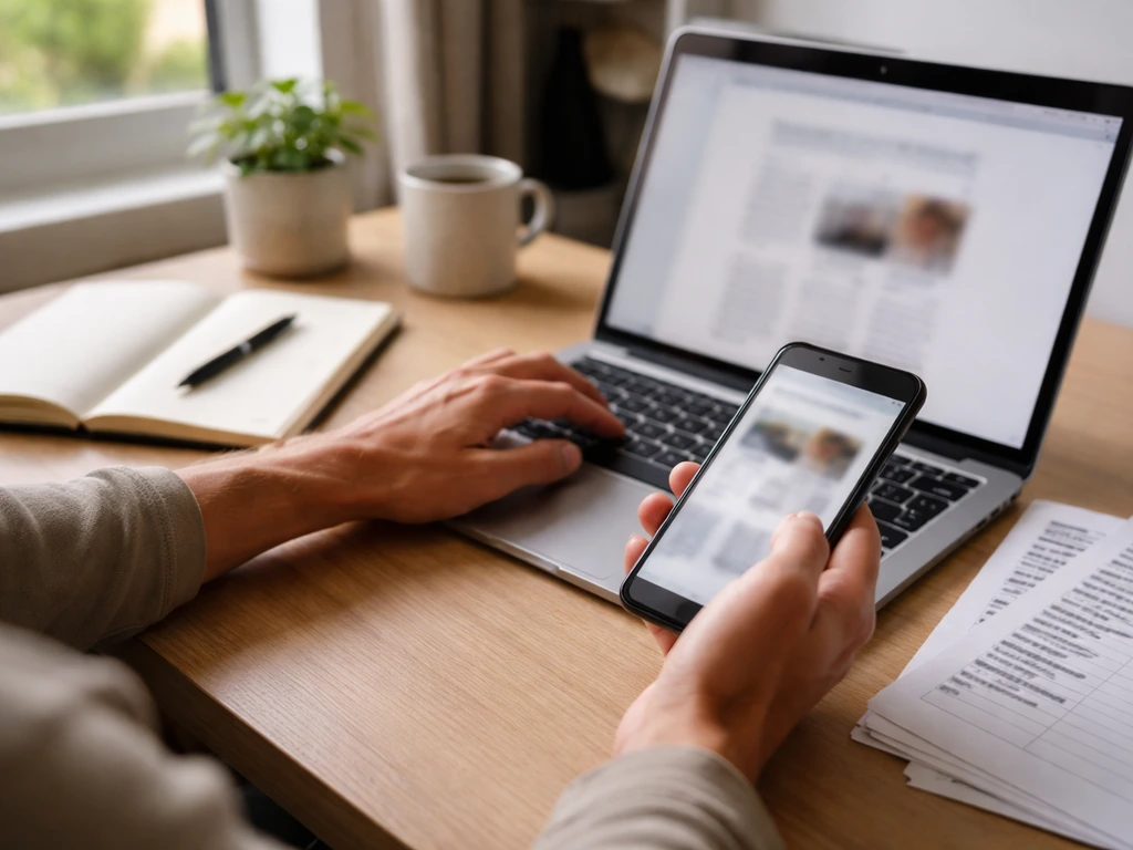 Hands compare blurred news on laptop and phone beside a notebook and spreadsheet-like page on a desk.