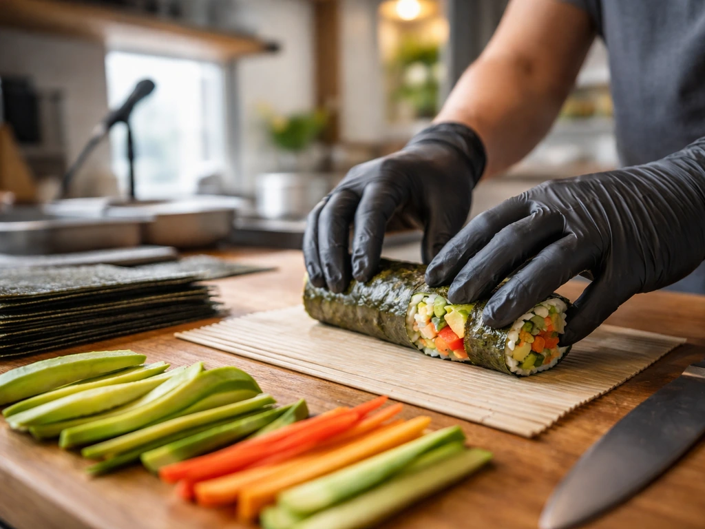 Gloved hands preparing plant-based sushi on a wooden counter in a quiet restaurant kitchen.