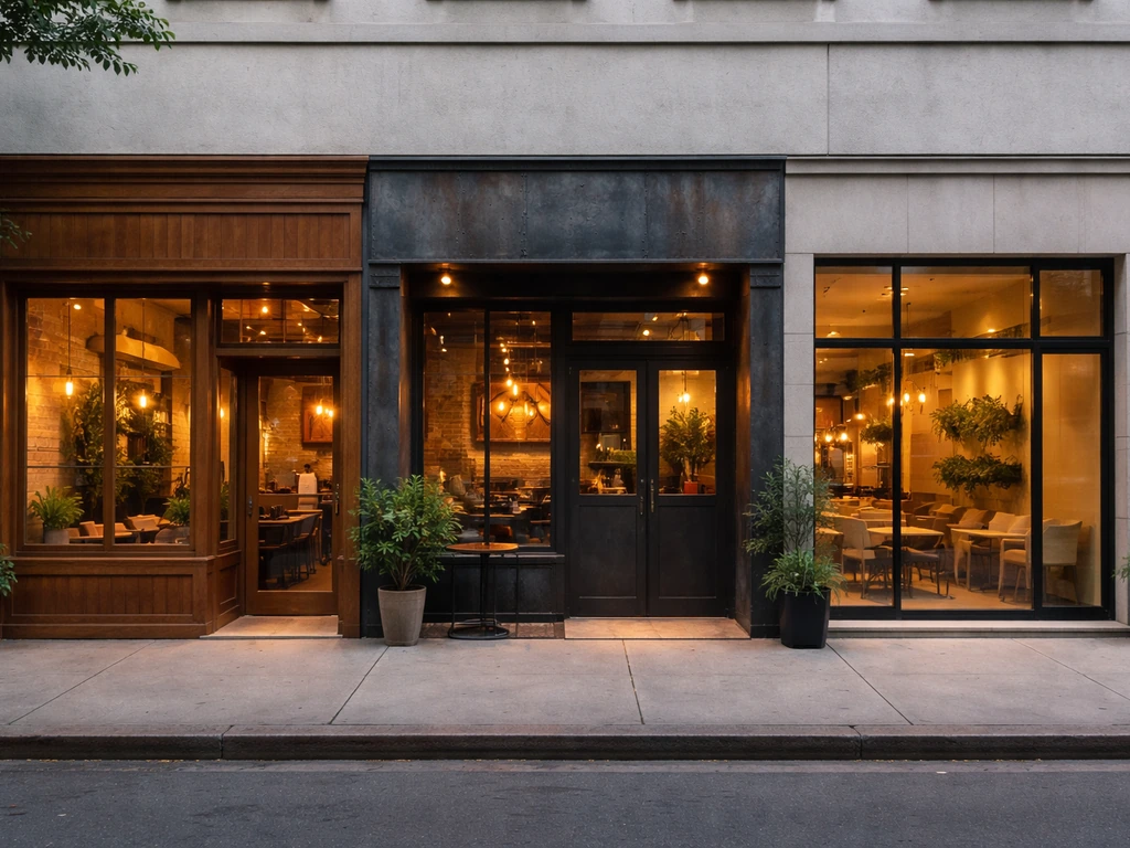 Three adjacent restaurant storefronts with varied facades suggesting multiple concepts from one hospitality group.