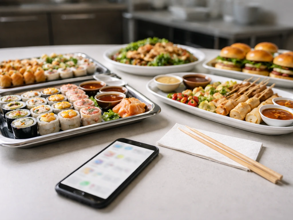 Catering platters and a takeaway-ready food spread on a clean table beside a phone showing an order-style interface.