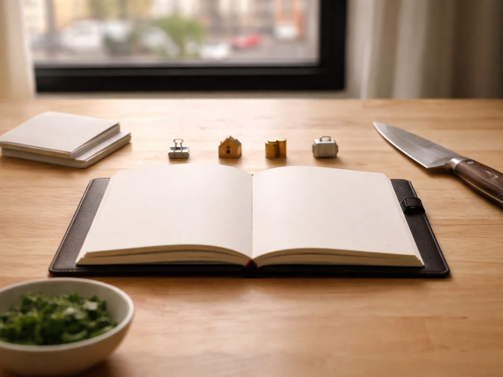 Minimal desk scene with open notebook and small milestone markers, evoking a timeline of progress.