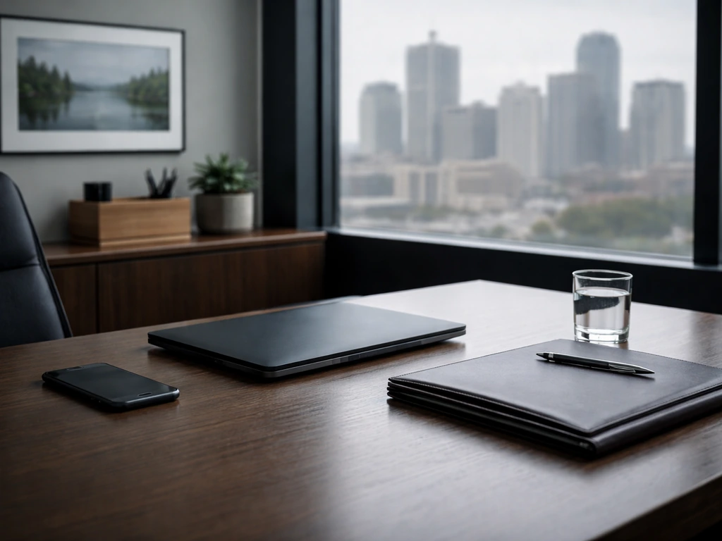 Minimal finance office desk with laptop, smartphone, and window skyline, symbolizing Michigan investing.