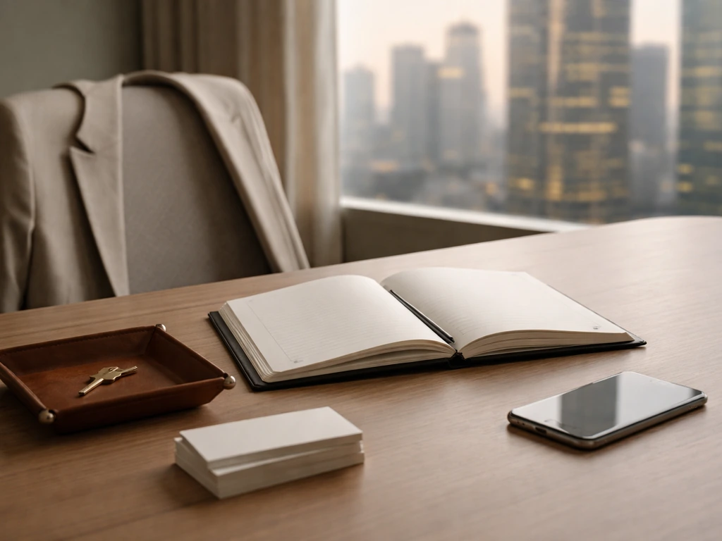 Minimal business desk with suit jacket, key, blank planner, and city office towers in soft light.