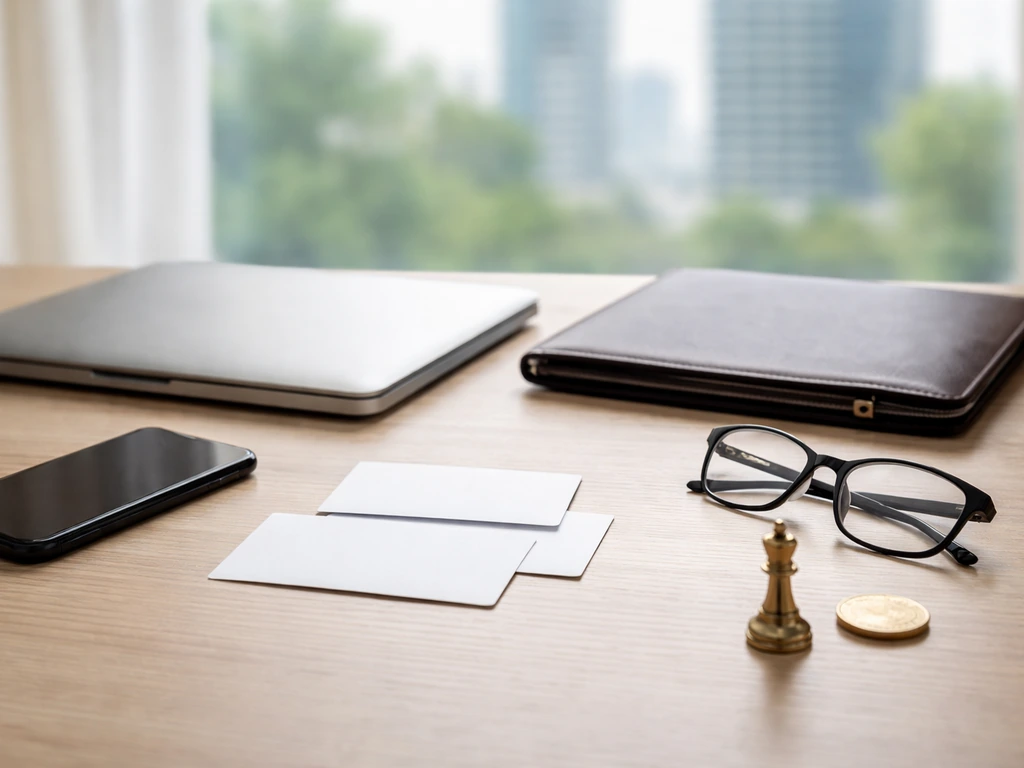 Minimal finance desk with laptop, portfolio, coin and blurred city skyline suggesting board compensation.