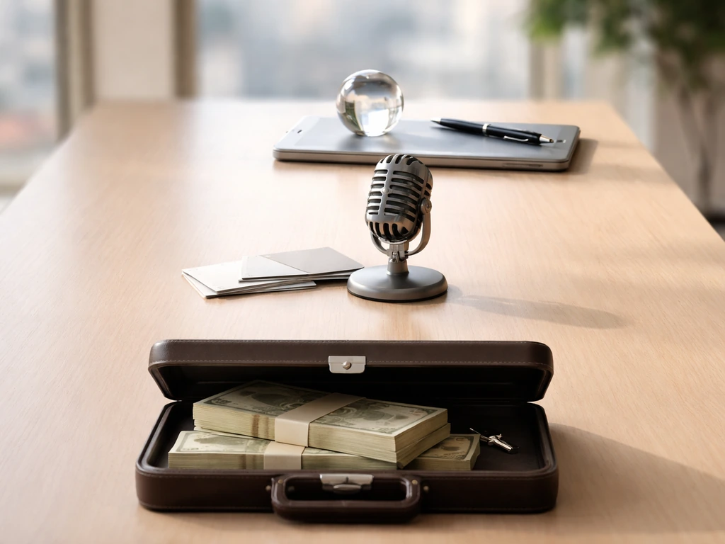 Minimal office tabletop with staged business objects symbolizing a financial growth timeline