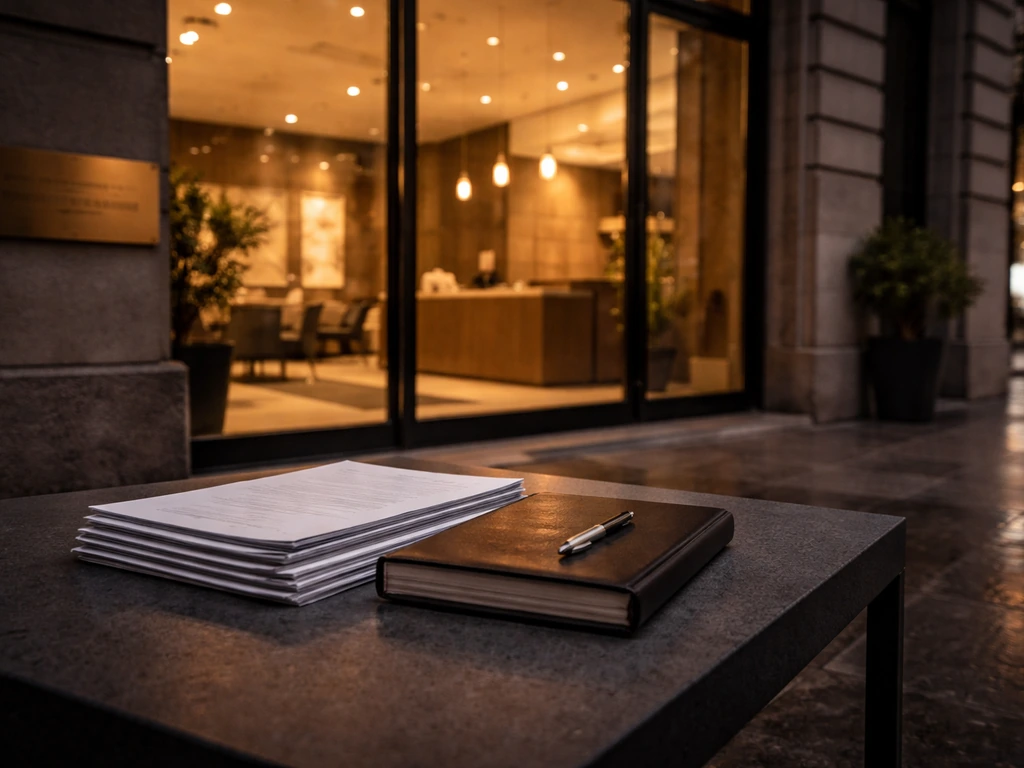 Minimal desk with documents and pen in front of a Belgian insurance office exterior, symbolizing wealth verification.