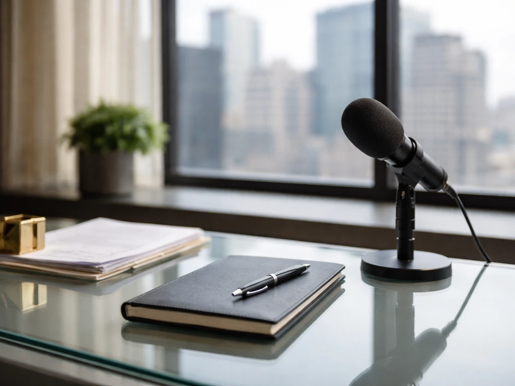 Minimal Belgian business office desk with documents, microphone, and blurred city view, symbolizing corporate leadership