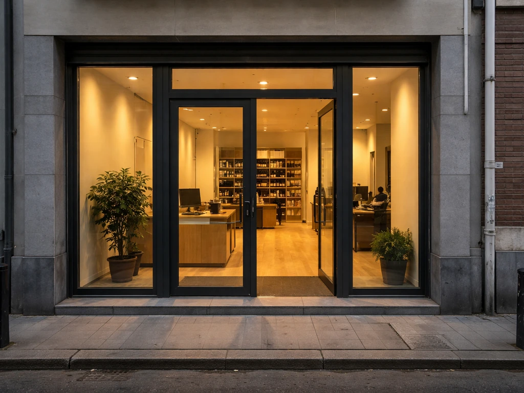 Minimal photo of a Belgian insurance brokerage office doorway with warm interior light and discreet business atmosphere.