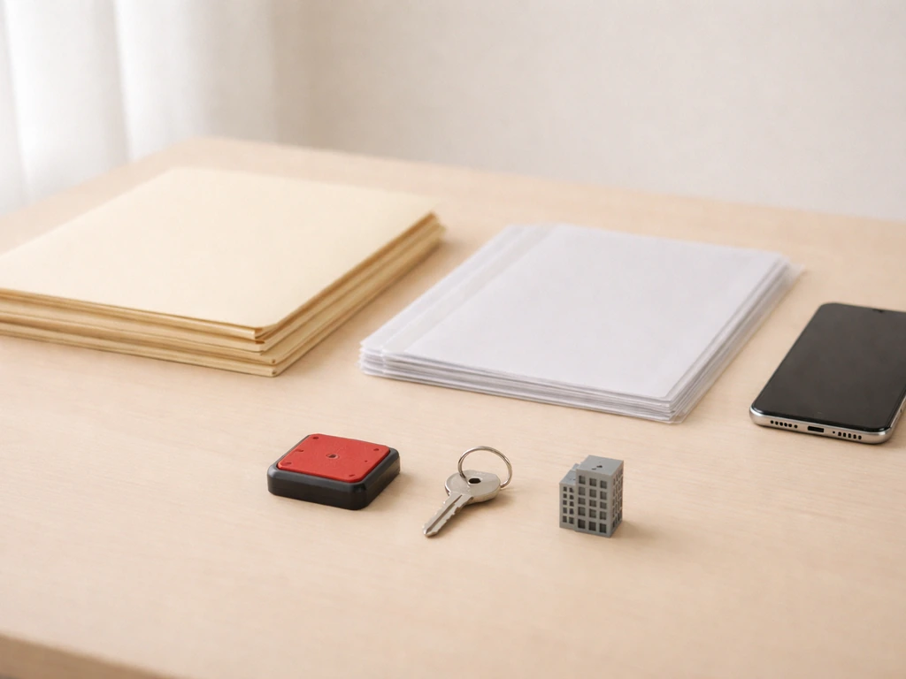 Minimal desk scene with blank folders, documents, and small tokens suggesting where to find public records.