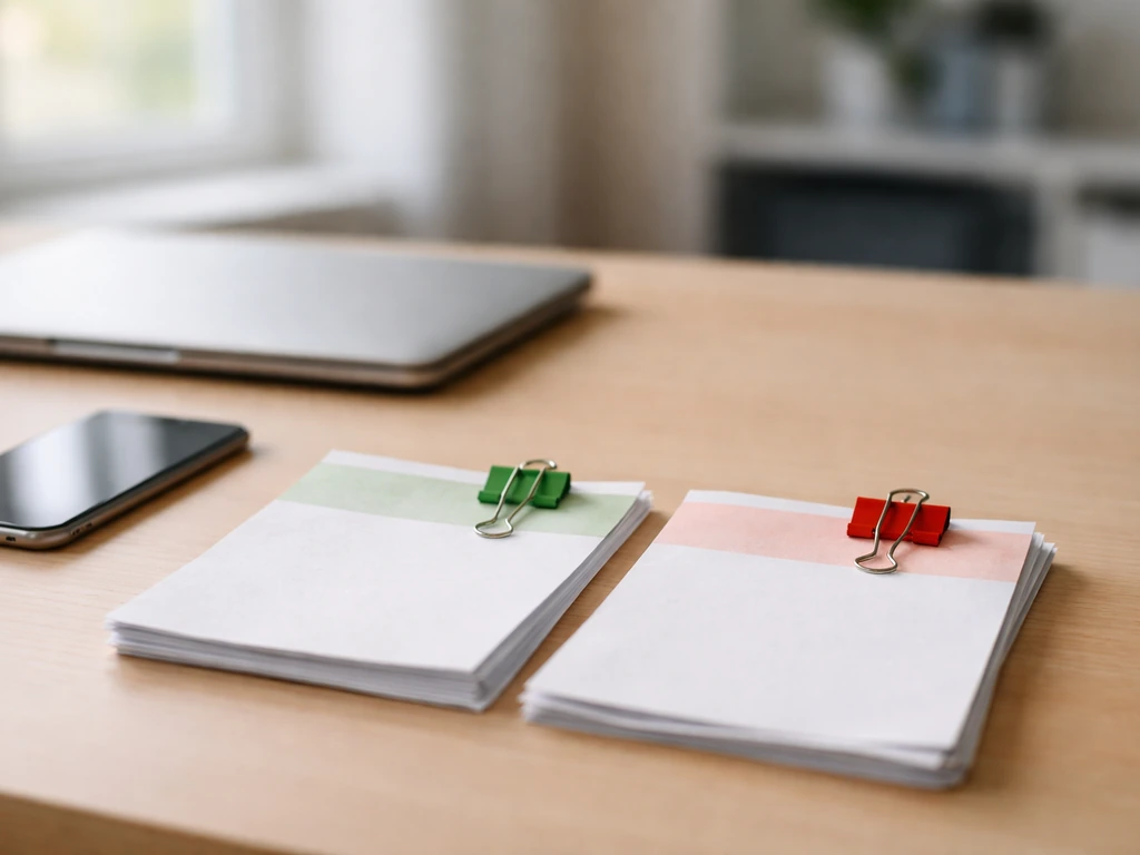 Desk scene with green and red binder clips holding separate papers to suggest confirmed vs assumed evidence.