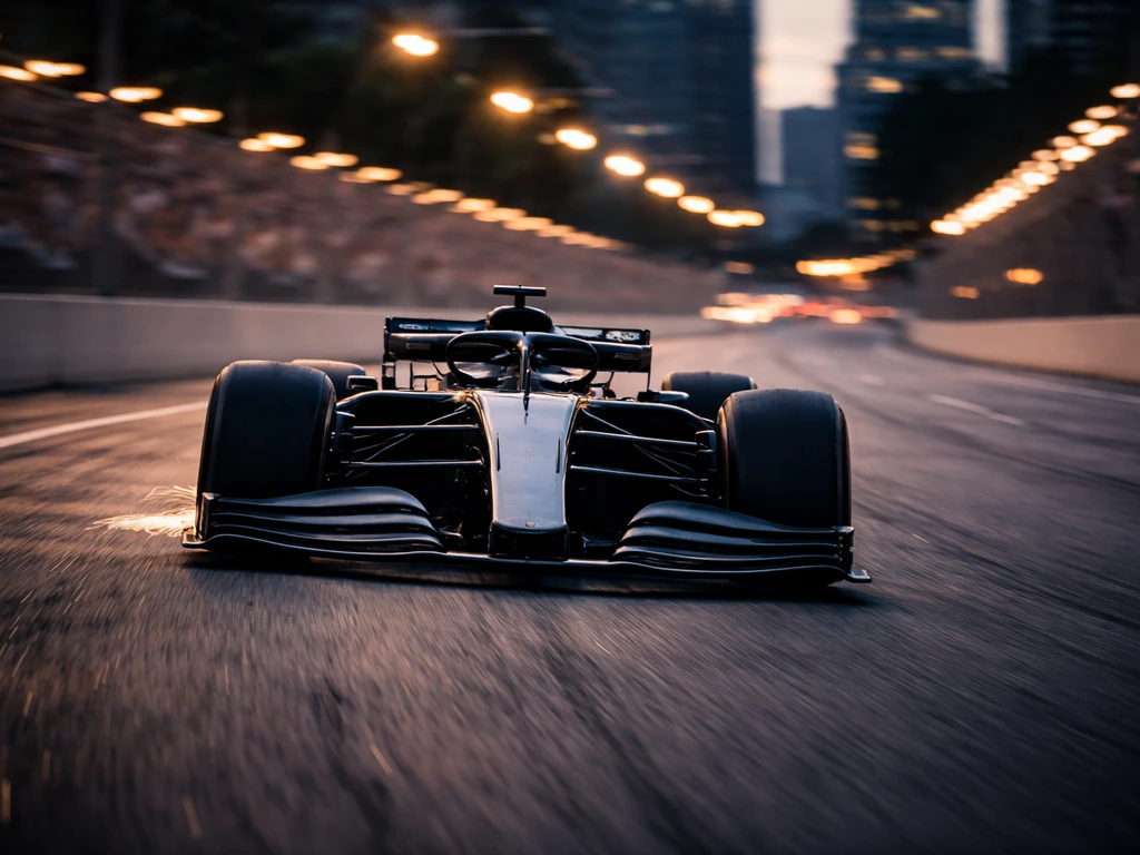 Anonymous racing car on a track at dusk, capturing high-speed motorsport energy without any driver likeness.