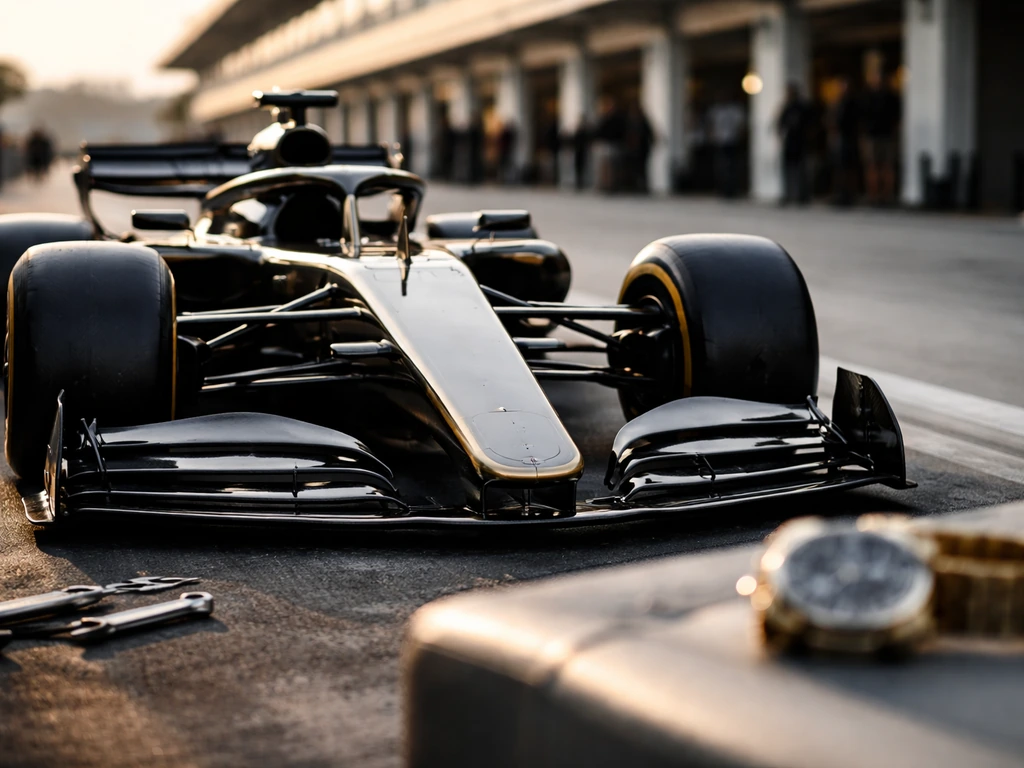 Close-up of a Formula 1 car in the paddock with soft money-themed lighting and crew atmosphere