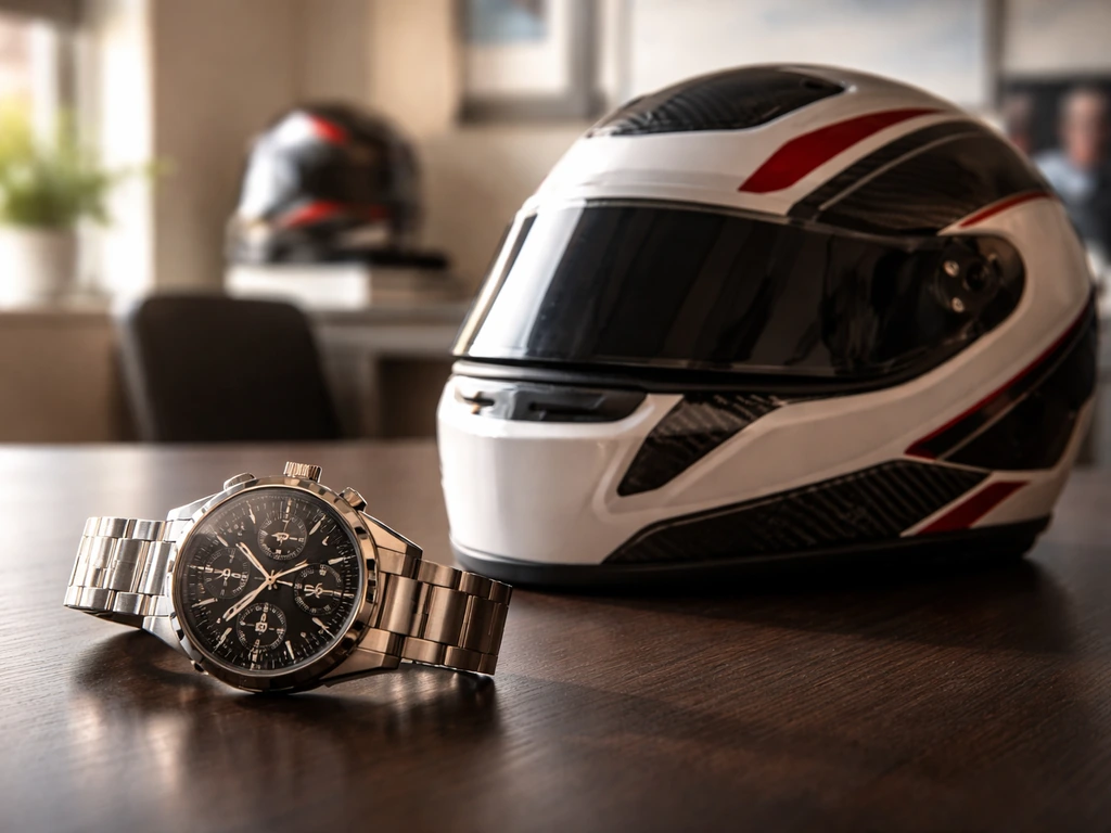 Minimal photo of a luxury watch and a racing helmet on a desk, symbolizing sponsorships and endorsements.