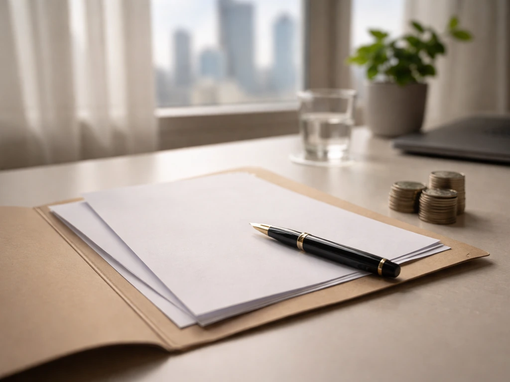 Minimal finance-themed desk scene with documents, coins, and a muted city view through window