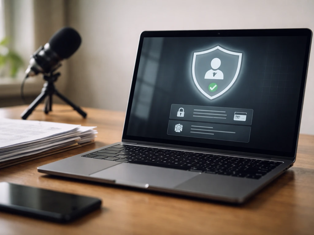 Close-up of an open laptop and official-looking documents on a desk, evoking identity verification.