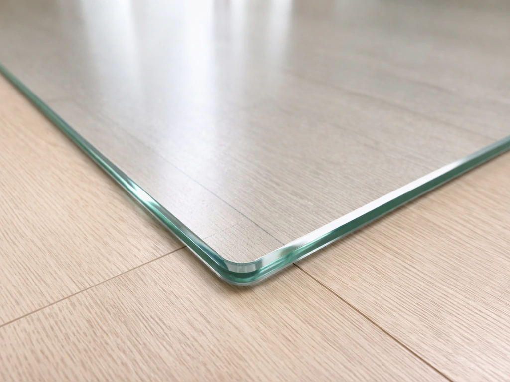 Close-up of a tempered glass chair mat on a clean indoor floor with soft natural reflections.
