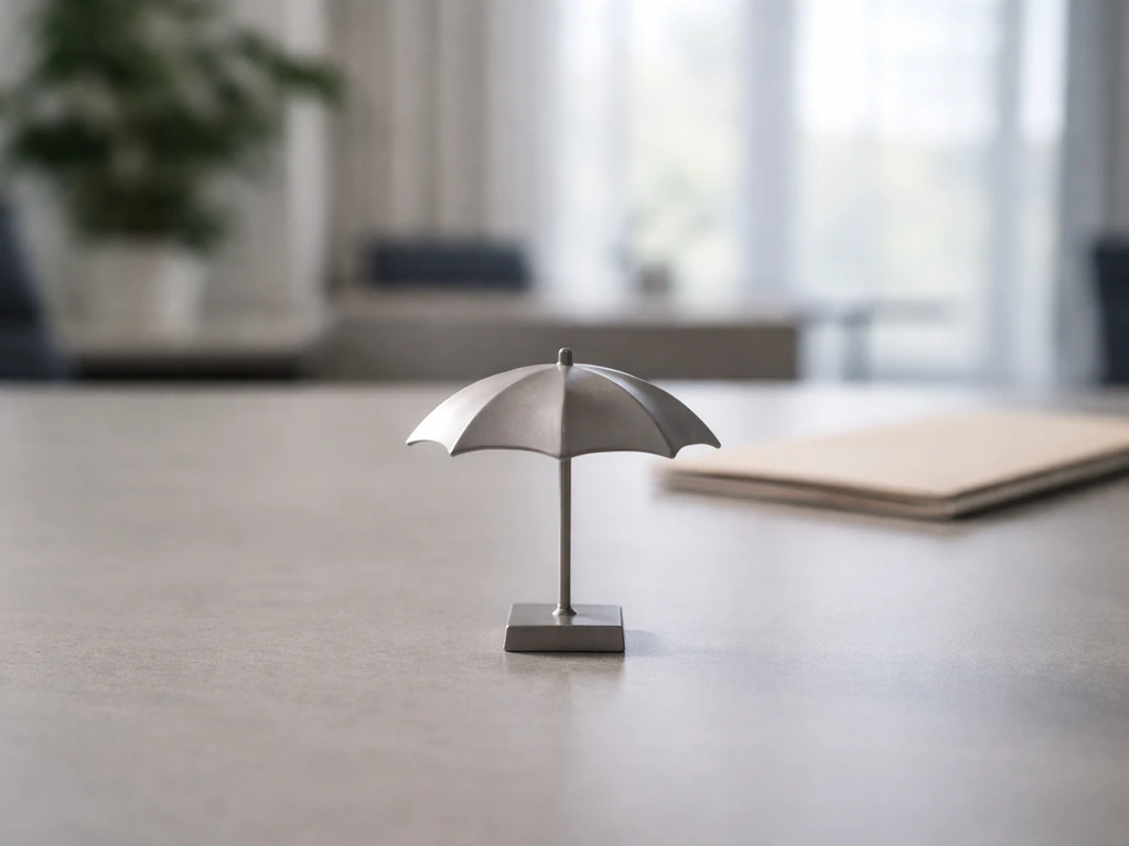 Minimal photo of a clean corporate office desk with blurred paperwork and a simple umbrella-like metal sculpture.
