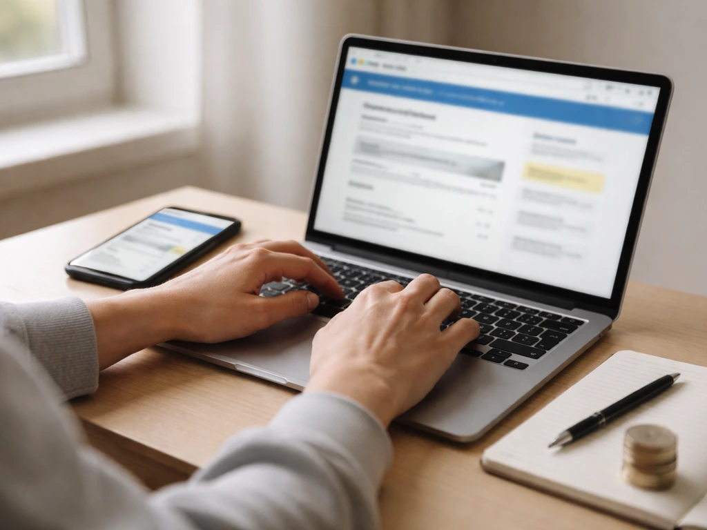 Hands reviewing a blurred business filings portal on a laptop, with coins on a desk symbolizing verification.