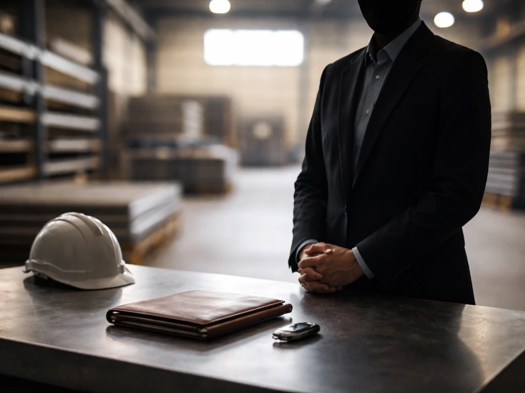 Anonymous business silhouette in a steel service center with softly blurred steel racks behind, symbolizing industry wea