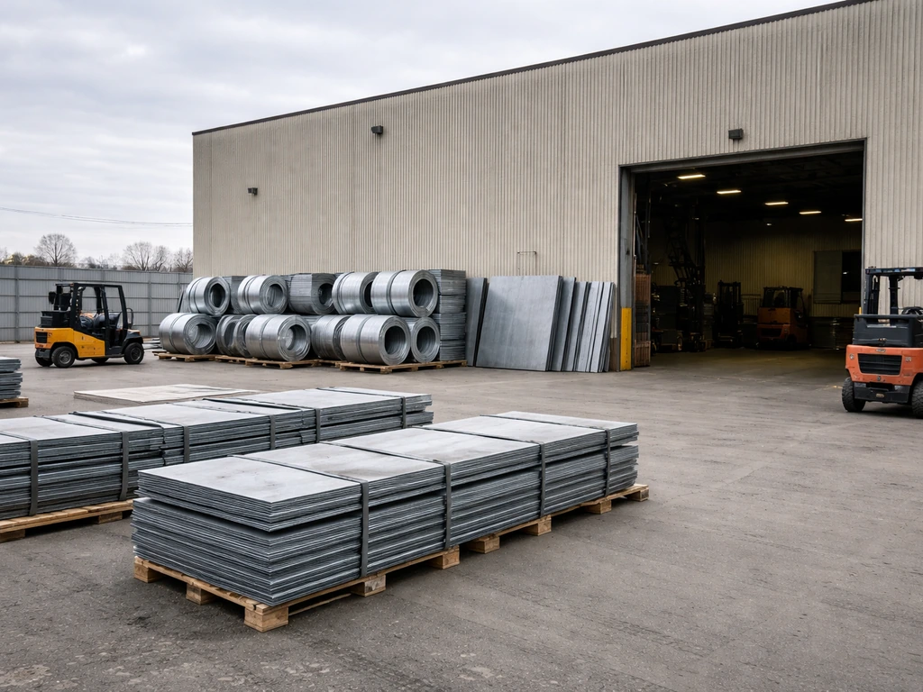 Minimal industrial warehouse yard with stacked steel coils and plates by a loading dock.