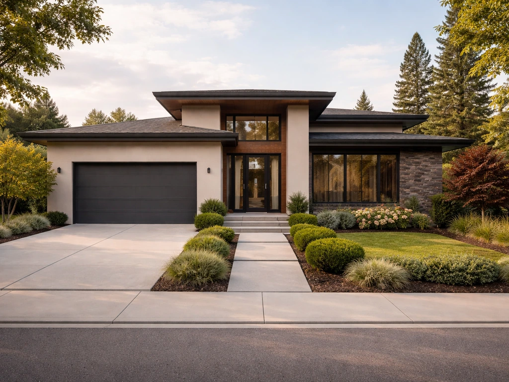 Photoreal streetfront view of a modern home in Kelowna, BC with driveway and street view feel.