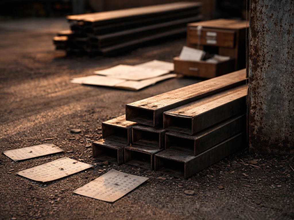 Minimal photo of steel yard, archived documents, and a subtle timeline feel with dates blurred out.