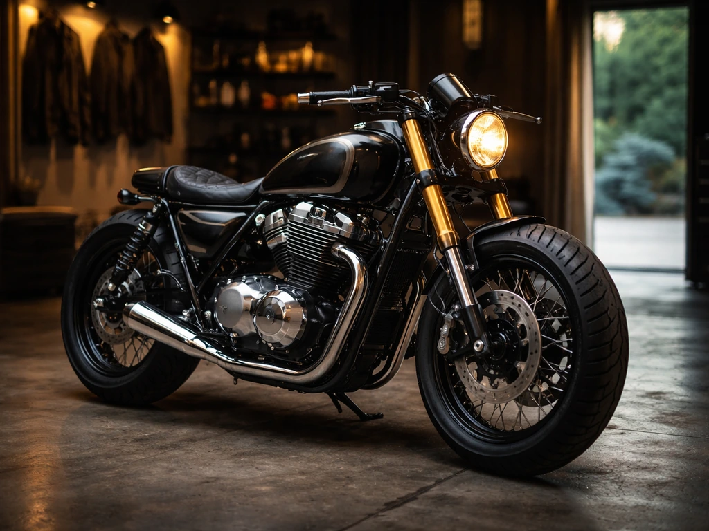 Custom motorcycle in a dim, stylish garage with warm light reflecting off polished surfaces