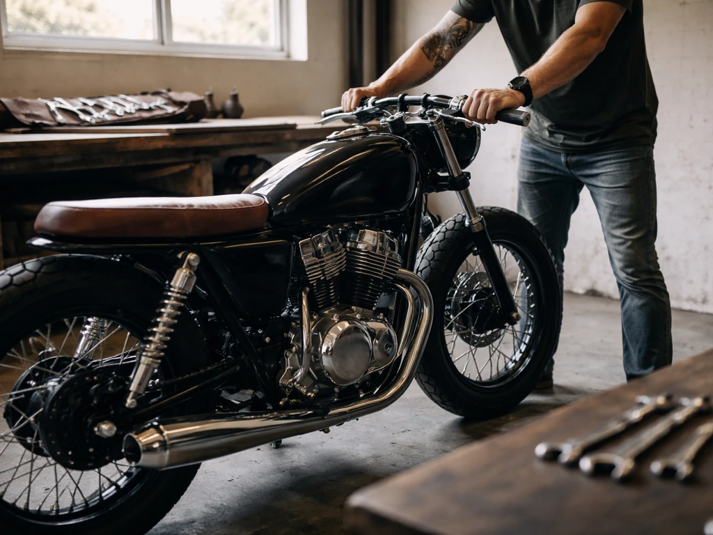 Minimal motorcycle custom shop scene with a mechanic adjusting a chrome handlebar near the bike.