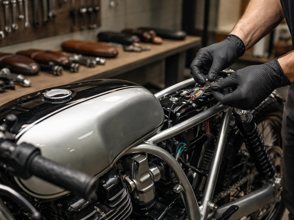 Close-up of hands wiring a custom motorcycle frame with an accessory display in the workshop background.