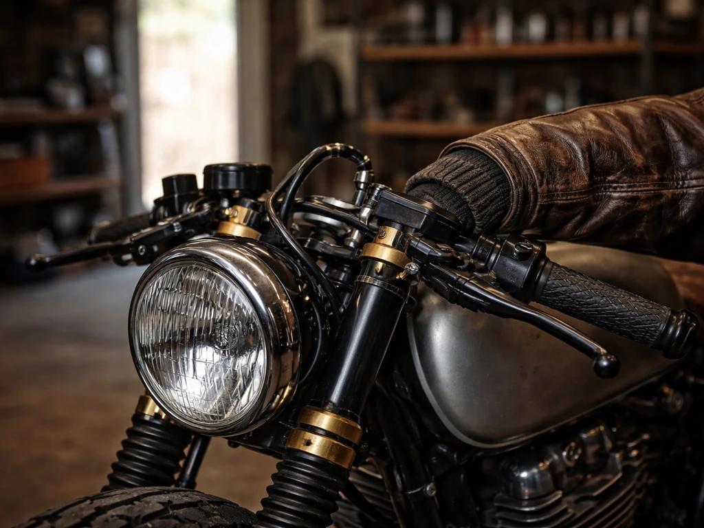 Close-up of a custom motorcycle in a quiet garage with a leather sleeve near the handlebars.