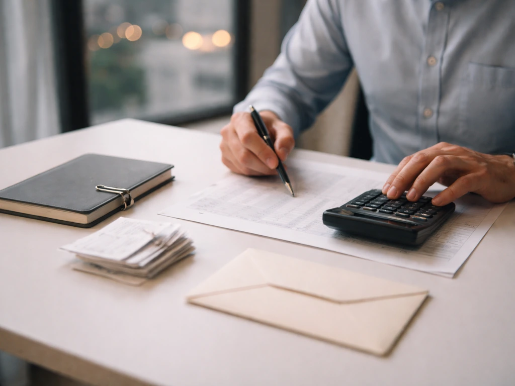 Anonymous analyst at a desk with financial papers, calculator, and symbolic objects suggesting net worth estimation.