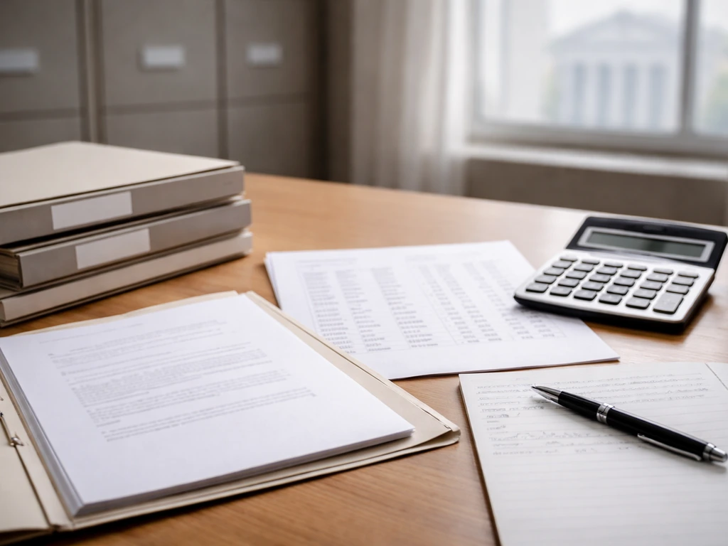 Close photo of a banker’s desk with public-record files, folders, and valuation notes for estimating net worth.