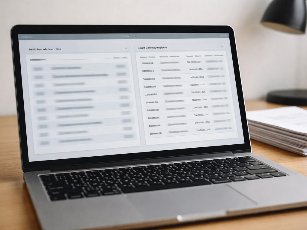 Close-up of a laptop showing public business and court record search results in a minimal desk setup