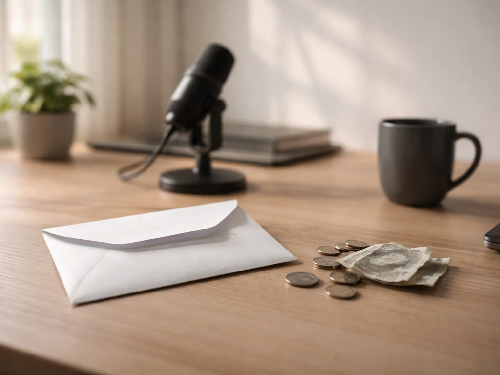 Minimal desk scene with a single envelope and scattered coins symbolizing a 3M–8M net worth range concept.