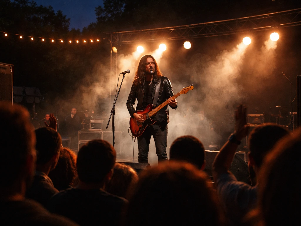 A guitarist performs on a small outdoor stage at night with a softly blurred crowd in front.