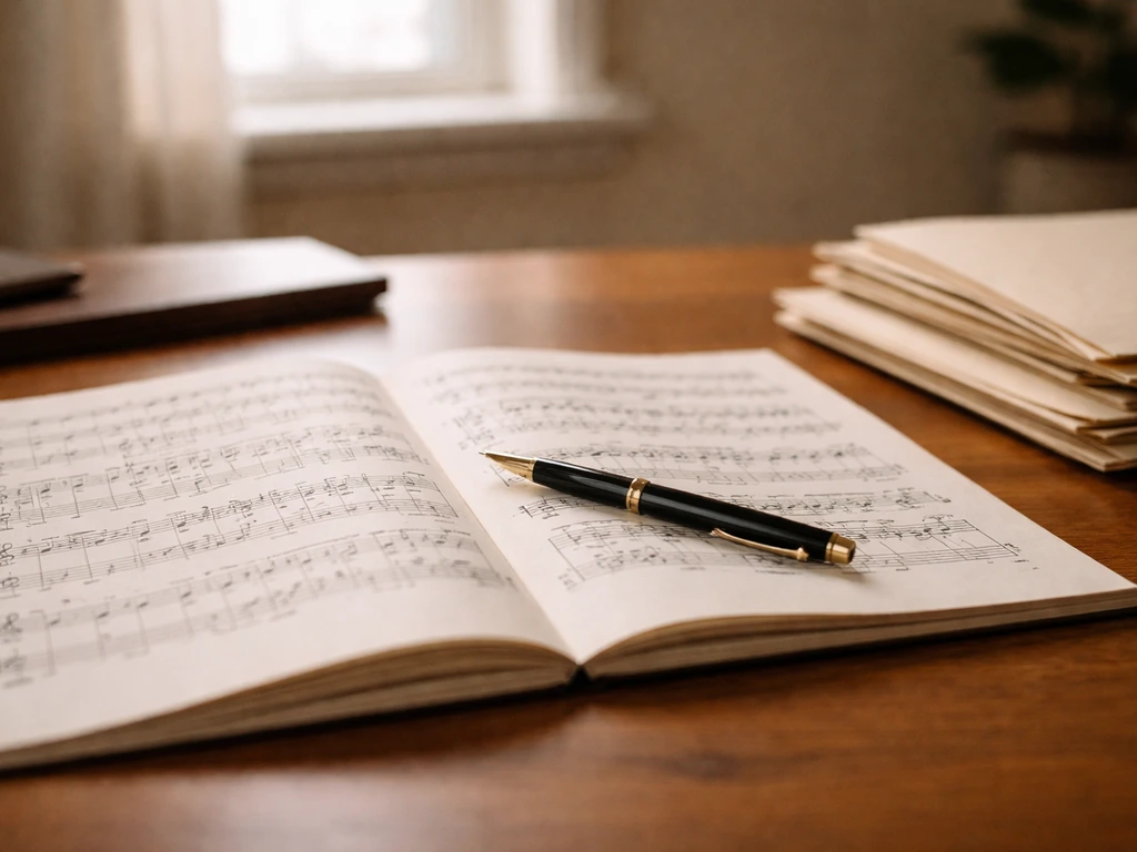 Close-up of an open sheet of music beside a pen and notebook, symbolizing publishing and royalties
