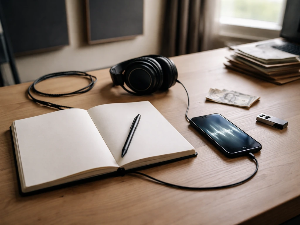 Minimal studio desk scene with headphones, blank notebook, smartphone light patterns, and money symbolism.