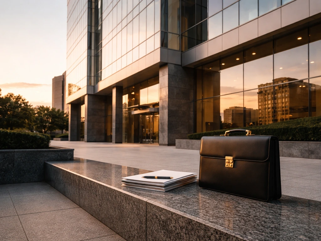 Modern corporate headquarters facade with an office briefcase and documents, symbolizing business net worth.