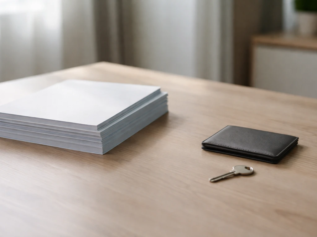 Minimal comparison photo: anonymous office desk with a closed folder and two blurred key-like objects representing group
