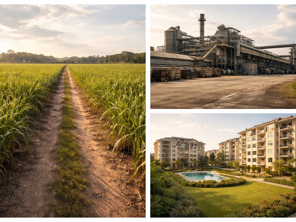 Mosaic of sugarcane fields, an industrial plant, and real-estate land/buildings in natural light.