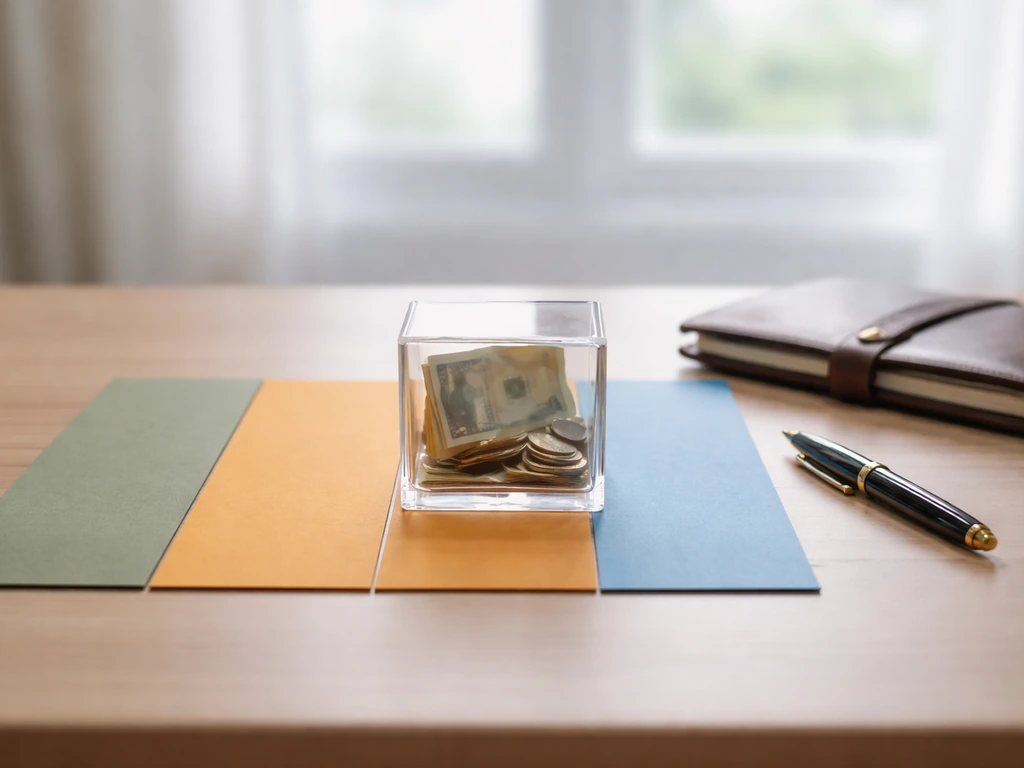 Three colored paper bands and a clear cube on a bright desk, symbolizing a three-layer valuation range.