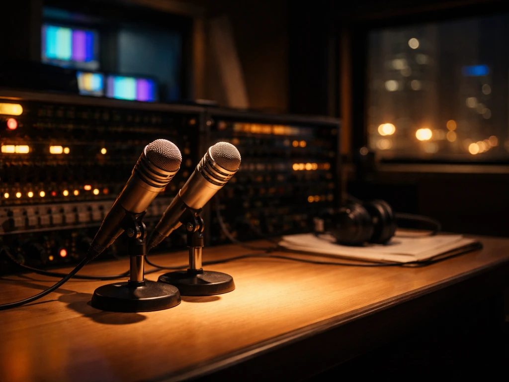 Empty comedy TV studio control room with microphones and soft spotlight, evoking Impractical Jokers media lifestyle.