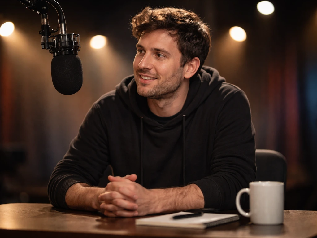 Comedian-style TV host at a studio desk with a microphone, relaxed expression and warm studio lighting