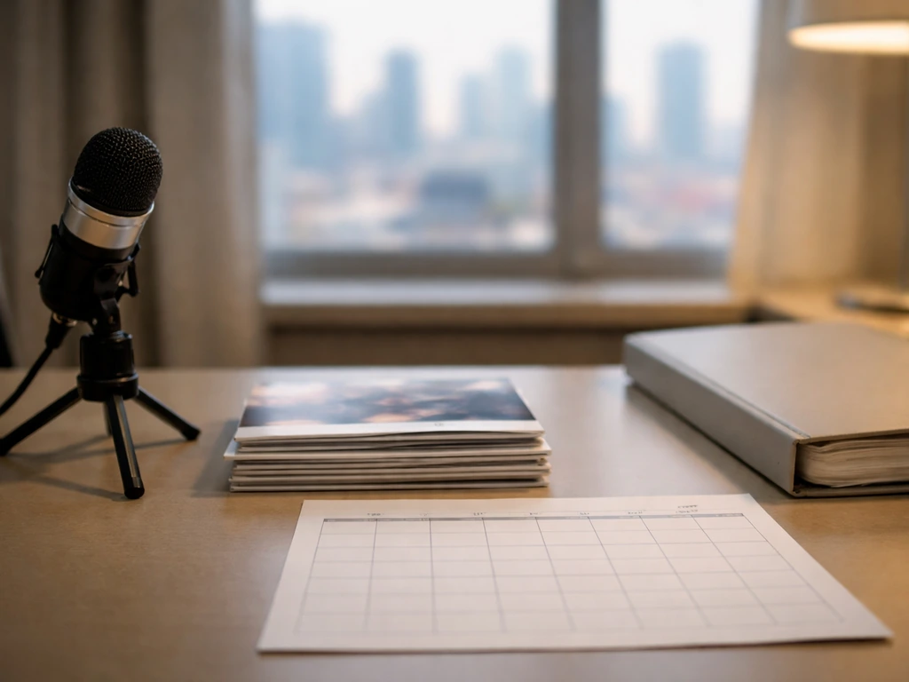 Minimal desk scene with a studio microphone, blank calendar, and business binders symbolizing net worth estimation.