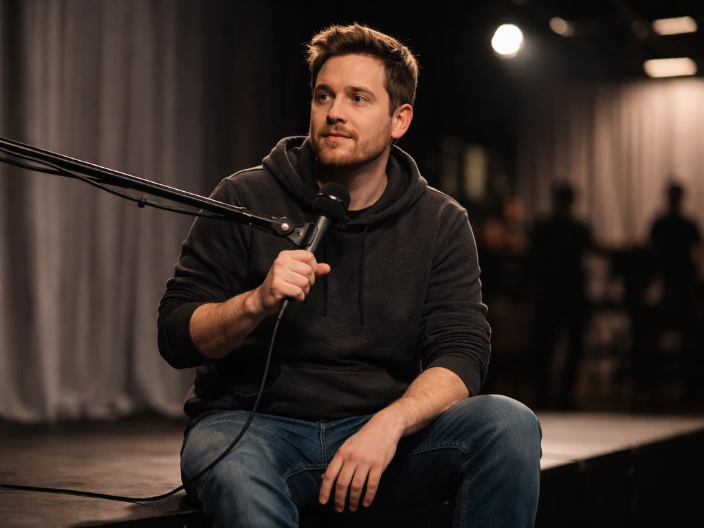 Comedian on a TV comedy set with a microphone, soft studio lights, blurred crew in the background.