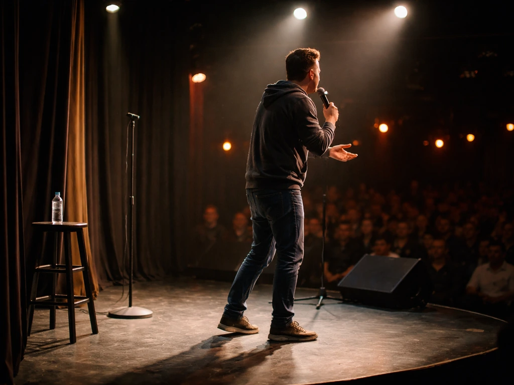 Comedian performing stand-up on a small theater stage with a microphone and spotlighted backdrop