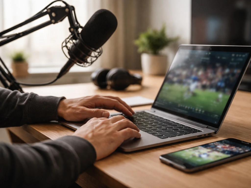 Anonymous hands working at a sports analytics desk with laptop and podcast microphone, minimal and realistic.