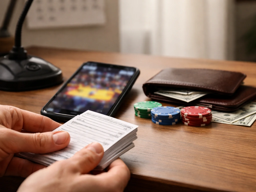 Minimal sports-betting desk scene with chips and betting slips near a blurred NBA screen.
