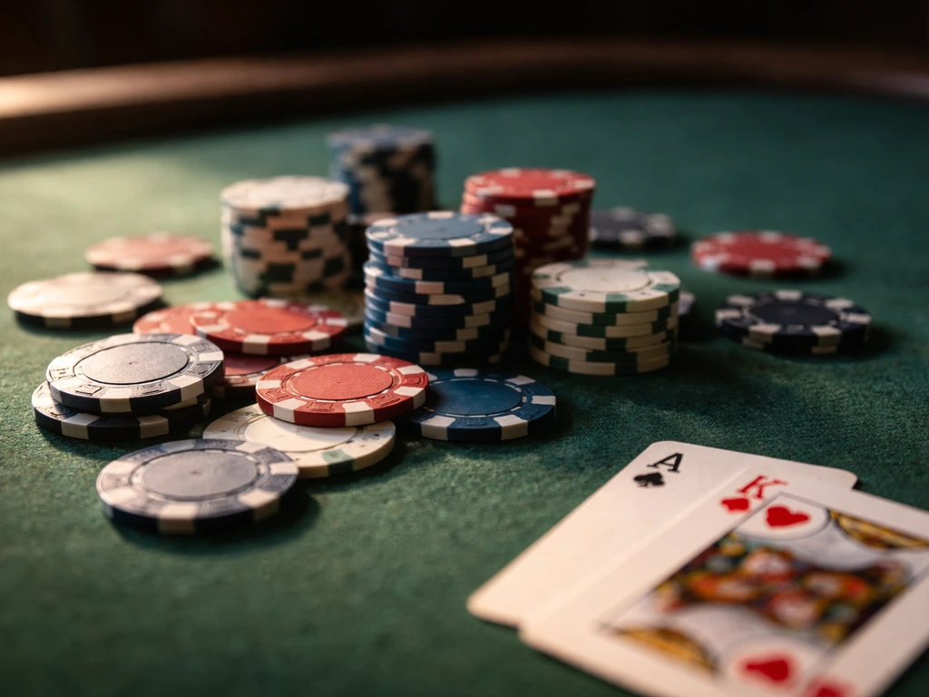 Close-up of poker chips and a few playing cards on felt, evoking live tournament earnings.