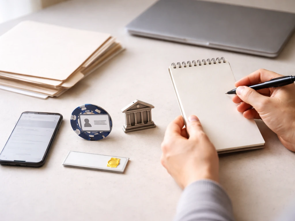Hands review blank papers and a phone on a desk, symbolizing cross-checking sources for wealth verification.